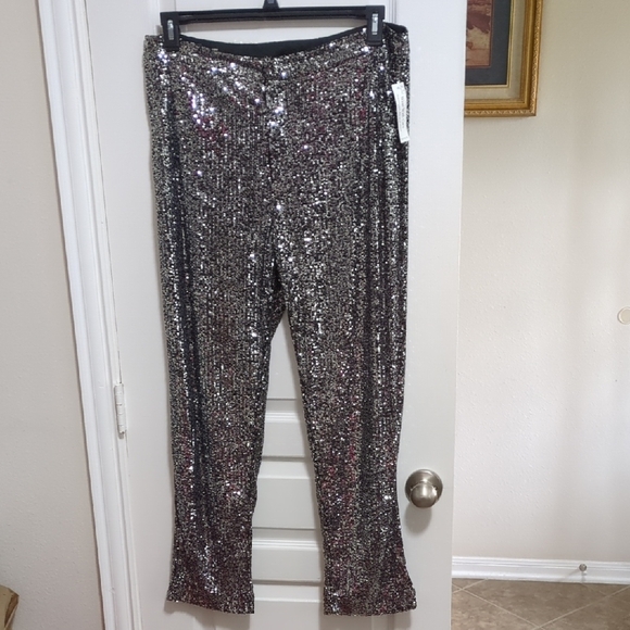 VENUS Pants - Silver Sequin Pants Zipper Front Size 14